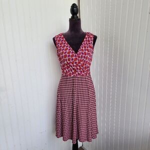 DM Collection Pink Purple Geo Print Faux V-Neck Wrap Dress Sleeveless Midi Sz 6